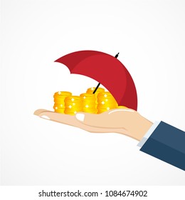 Protection money concept. Bag of coins under an umbrella hold in hand. Secure investment, insurance. Vector illustration flat design style. Shield to protect savings. Finance safety.