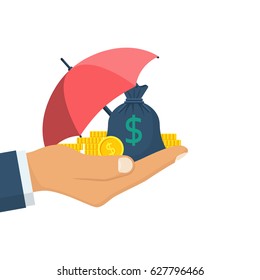 Protection money concept. Bag of coins under an umbrella hold in hand. Secure investment, insurance. Vector illustration flat design style. Shield to protect savings. Finance safety.