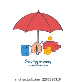 Protection money concept. Stack coins under an umbrella hold in hand. Secure investment, insurance. Vector illustration sketch flat design style. Shield to protect savings. Finance safety.