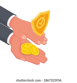 Protection Money. Man Holding Hands Over The Money To Protect. Concept Of A Safe And Secure Investment, Insurance. Vector Illustration Isometric 3d Design Style. Gold Coins Under The Shield.