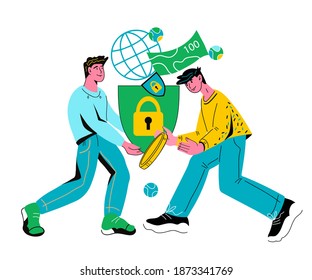 Protection of money and payments business concept. Safety money transfer and payments online, global banking. Flat cartoon vector illustration isolated on white background.
