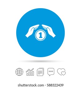 Protection money sign icon. Hands protect coin symbol. Money or savings insurance. Copy files, chat speech bubble and chart web icons. Vector