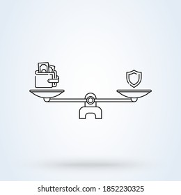 Protection and money sign line icon or logo. balance scale with money concept. Scale with shield and cash money vector linear illustration.