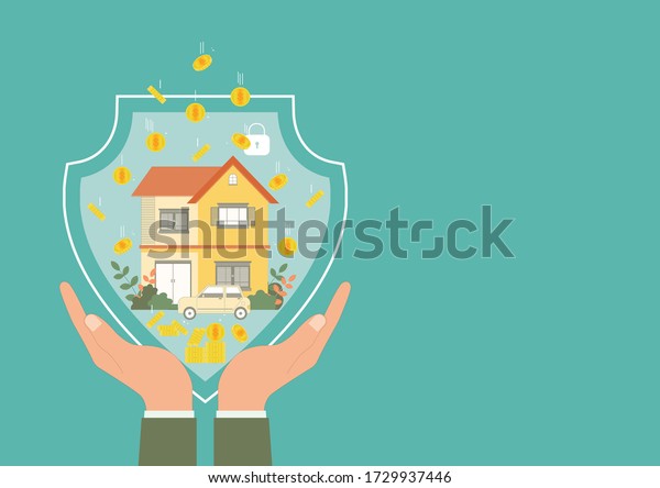 Protection money,\
Vector illustration EPS10 of Businessman holding model house and\
gold coin money with the car on green background, Finance insurance\
and Safe investment\
concept