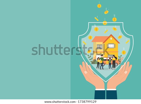 Protection money, Vector illustration EPS10 of\
Businessman holding model house and gold coin money with the car\
and model family on green background, Finance insurance and Safe\
investment concept
