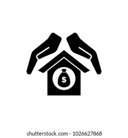 Protection and mortgage vector icon. Hands and money bag symbol.