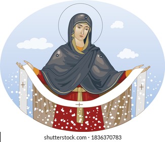 Protection of the Most Holy Mother of God. Holy Virgin. Holy Theotokos. Virgin Mary. Blessed Virgin. Holy Virgin. The mother of Jesus. Vector Icon.