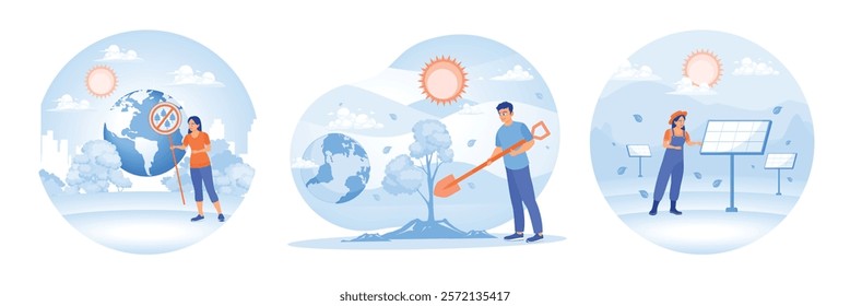 Protection of natural habitats, plants and trees. A man plants a tree. Symbolizes environmental awareness and sustainability. Energy saving for environment conservation concept.