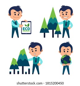 Protection of natural resources. Ecologist protects ecology of planet. Planting and preserving forests. Protecting forest from deforestation. Ecologist points eco label on tablet.