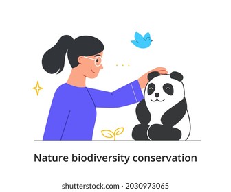 Protection of nature biodiversity concept. Happy woman strokes fluffy panda. Love for animals and preservation of rare species of mammals. Cartoon flat vector illustration isolated on white background