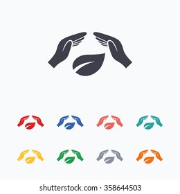 Protection of nature sign icon. Environmental protection symbol. Hands protect cover leaf icon. Colored flat icons on white background.