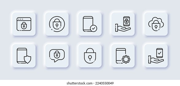 Protection neomorphic icons set. Speech bubble, access, smartphone, cloud, locked, password, closed, cipher, privacy, account, private office. security concept. Vector neomorphic line icons set