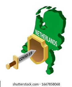 protection of the Netherlands against coronavirus COVID-19. A coronavirus in the form of a sword attacks the country of the Netherlands, protected by a shield. Vector isometric image of the state of 