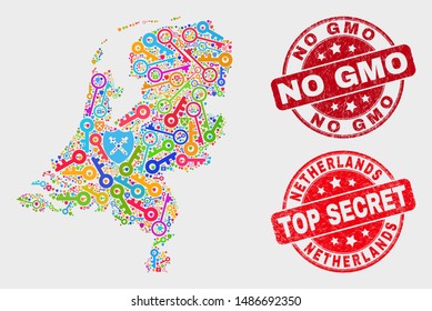 Protection Netherlands map and seals. Red round Top Secret and No GMO scratched seals. Bright Netherlands map mosaic of different safety items. Vector combination for guard purposes.