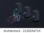 Protection network security. Company private network and personal data protection. Antivirus and other applications to prevent hacker attacks. Shield in front of towers. Isometric vector illustration