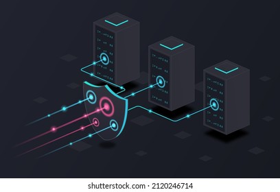 Protection network security. Company private network and personal data protection. Antivirus and other applications to prevent hacker attacks. Shield in front of towers. Isometric vector illustration