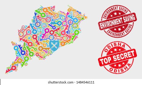Protection Odisha State map and seals. Red rounded Top Secret and Environment Saving grunge seals. Colorful Odisha State map mosaic of different passkey elements.