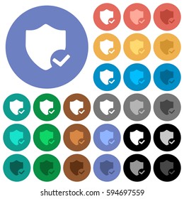 Protection ok multi colored flat icons on round backgrounds. Included white, light and dark icon variations for hover and active status effects, and bonus shades on black backgounds.