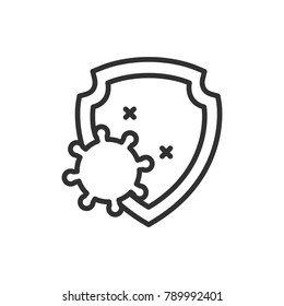 Protection on viruses. shield and virus. linear icon. Line with Editable stroke