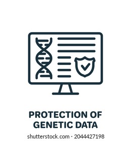 Protection of Online Genetic Data Line Icon. Private Dna Information on Computer Screen with Shield Linear Pictogram. Safe Genetic Info Outline Icon. Editable Stroke. Isolated Vector Illustration.