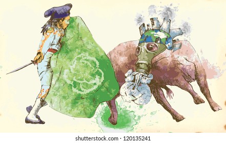 For the protection of our planet is the radical notion legitimate: monster globalization and transnational interests with the bull body fights to the death with the bullfighter (with green scarf).