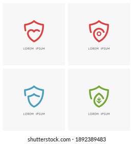 Protection outline logo set. Shield, heart, address pointer and green leaf symbol - health care and medicine, charity and social work, love and safety, security and defense, ecology and nature icons.