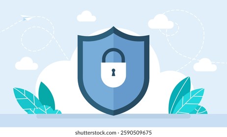 Protection. Padlock icon. Shield security with lock symbol. Safety, password security. Firewall access privacy sign. Lock security icon for login page. Website guard emblem.  Vector illustration