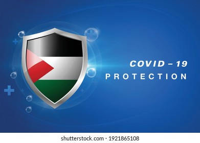 Protection Palestine flag Coronavirus COVID-19 on dark background. Novel Coronavirus COVID-19.
