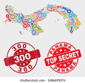 Protection Panama map and seal stamps. Red round Top Secret and 300 scratched seal stamps. Colored Panama map mosaic of different security elements. Vector collage for guard purposes.