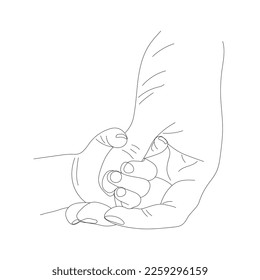 Protection and Parental Care contour to the child holds the father by the finger in line art style, the concept of maternal isolated on a white background, the mother holds the child's hand, Father's