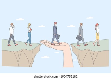 Protection and partnership concept. Human hand helping business people to step from one side to another supporting as help service assistance with insurance care vector illustration