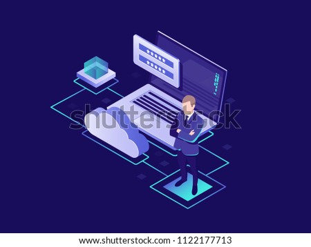 Protection of personal data, cloud storage of information, user authorization, cloud storage, secure access isometric vector illustration