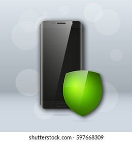 Protection of personal data in the mobile phone. Reliable security of private information in the cell. Smartphone and shield icon. Cellular protected sign. Antivirus for system software
