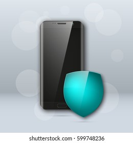 Protection of personal data in the mobile phone. Reliable security of private information in the cell. Smartphone and shield icon. Cellular protected sign. Antivirus for system software