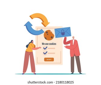 Protection Of Personal Information Cookie, GDPR Concept. Tiny Characters With Huge Internet Web Pop Up We Use Cookies Policy Notification, Confidential Information. Cartoon People Vector Illustration svg