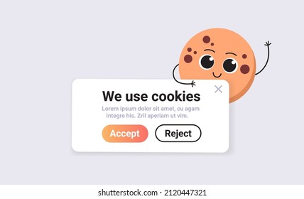 protección de la información personal cookie mascot carácter con internet pop up usamos notificaciones de políticas de cookies