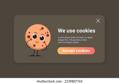 protección de la información personal cookie mascot carácter con internet pop up usamos notificaciones de políticas de cookies