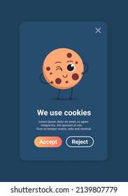 protection of personal information cookie mascot character with internet web pop up we use cookies policy notification