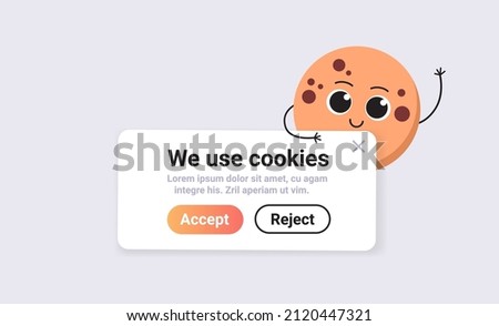 protection of personal information cookie mascot character with internet web pop up we use cookies policy notification