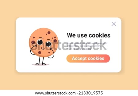 protection of personal information cookie mascot character with internet web pop up we use cookies policy notification