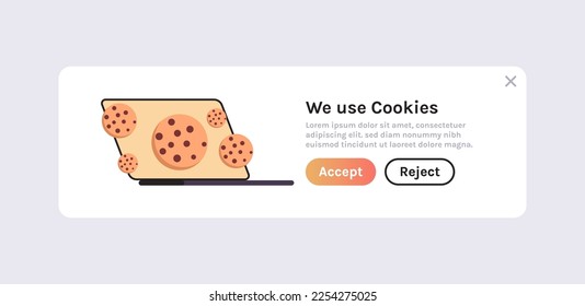 Protection of personal information internet web pop up and we use cookies policy notification on laptop screen concept flat vector illustration.