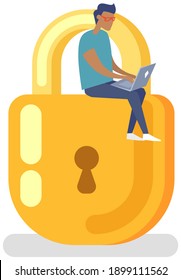 Protection of personal information of users. Padlock icon with man sitting on top, security defense. Lock key illustration privacy and password icon. Protection and safety with locked lock mechanism