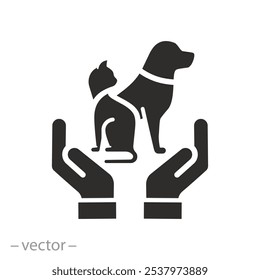 protection pet in hands, shelter animals, insurance pet icon, animal care, dog and cat, flat vector illustration