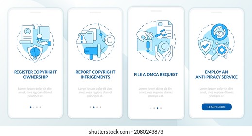 Protection from piracy onboarding mobile app page screen. Report infringements walkthrough 4 steps graphic instructions with concepts. UI, UX, GUI vector template with linear color illustrations
