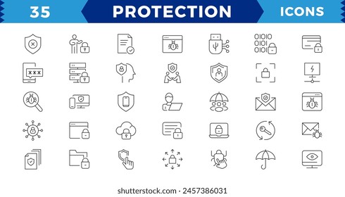 Pixel de protección Línea Perfecta Editable Iconos conjunto. Ilustración vectorial en línea delgada estilo moderno de protección cibernética iconos relacionados: protección de datos personales, Contraseñas, iconos de trazo editables.
