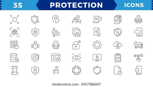 Pixel de protección Línea Perfecta Editable Iconos conjunto. Ilustración vectorial en línea delgada estilo moderno de protección cibernética iconos relacionados: protección de datos personales, Contraseñas, iconos de trazo editables.
