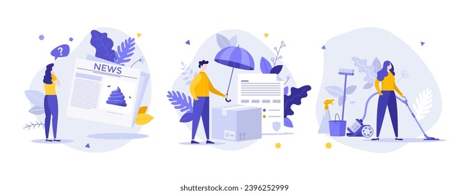Protección frente a posibles peligros: conjunto de ilustraciones vectoriales conceptuales planas. Noticias falsas, seguro de pertenencias y composición de caricaturas de limpieza regular. Idea de estilo de vida para sitio web, móvil, presentación
