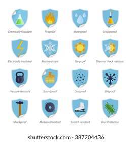 Etiquetas de color plano a prueba de protección para la presión impermeable y productos químicos resistentes a la inoxidable e ilustraciones vectoriales aisladas