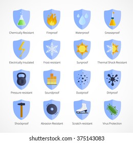 Protection proof flat emblems with  waterproof soundproof sunproof fireproof signs and commentaries on white background isolated vector illustration  
