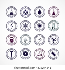 Protection proof round stamps with shockproof waterproof fireproof soundproof signs in center and explaining text around isolated vector illustration 